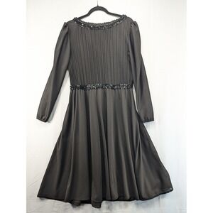 Boston Maid‎ Black Beaded Pleated Long Sleeve Midi Dress Size 16
